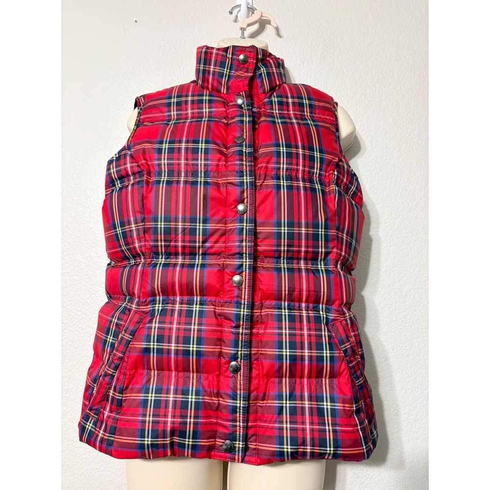 Lands‎ End Womens Red Tartan Plaid Down Puffer Vest Snap Front XS 2-4